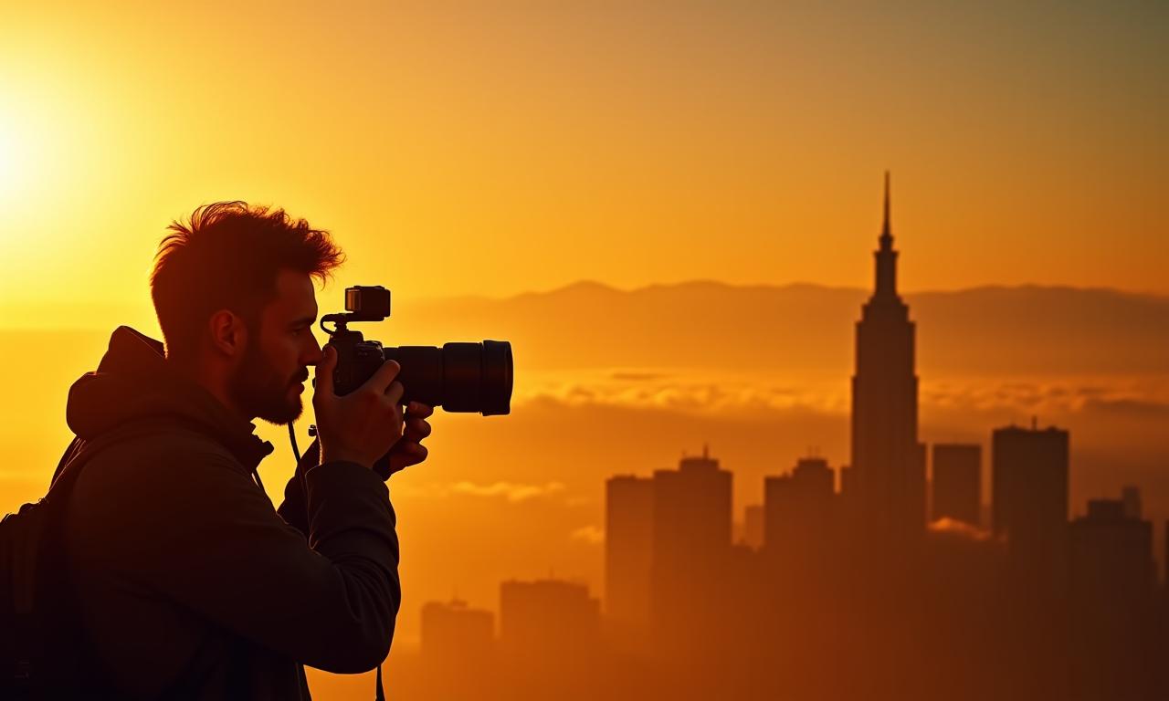 Seorang jurugambar merakam detik indah dengan lensa, suasana artistik.