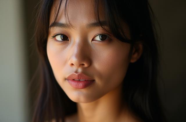 Potret seorang wanita muda dengan pencahayaan yang lembut, fokus pada ekspresi.